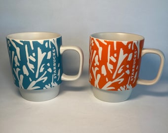 Pair of Discontinued Starbucks Abstract Floral Pattern Stacking Mugs