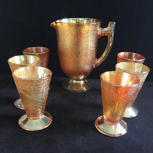 Outstanding Jeannette Co. Marigold Depression Crackle Glass Pitcher and 6 Glasses