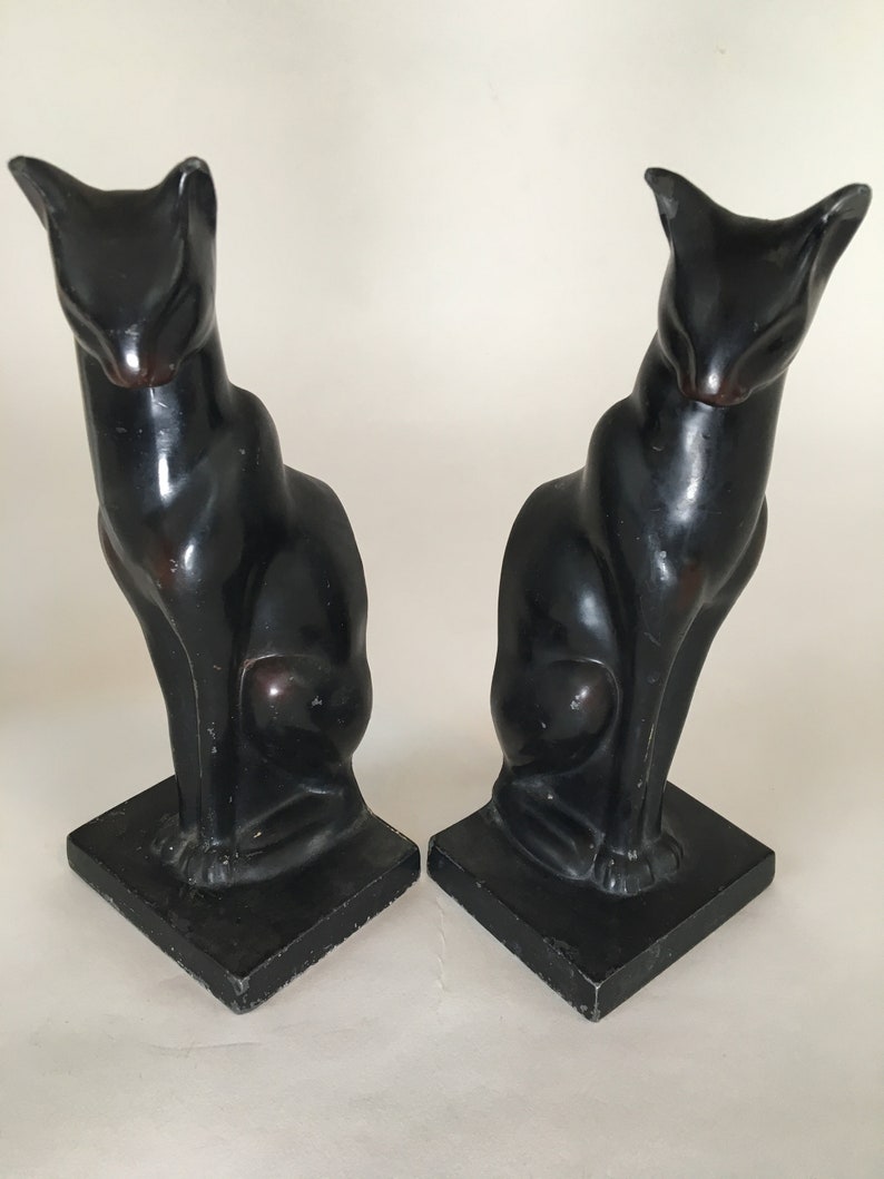 Fabulous Frankart Patinated Metal Art Deco Sitting Cat Bookends Not Flawless