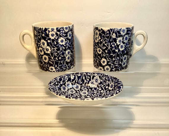 Rare Set of Vintage Burleigh Blue Calico Mugs and Soap Dish From