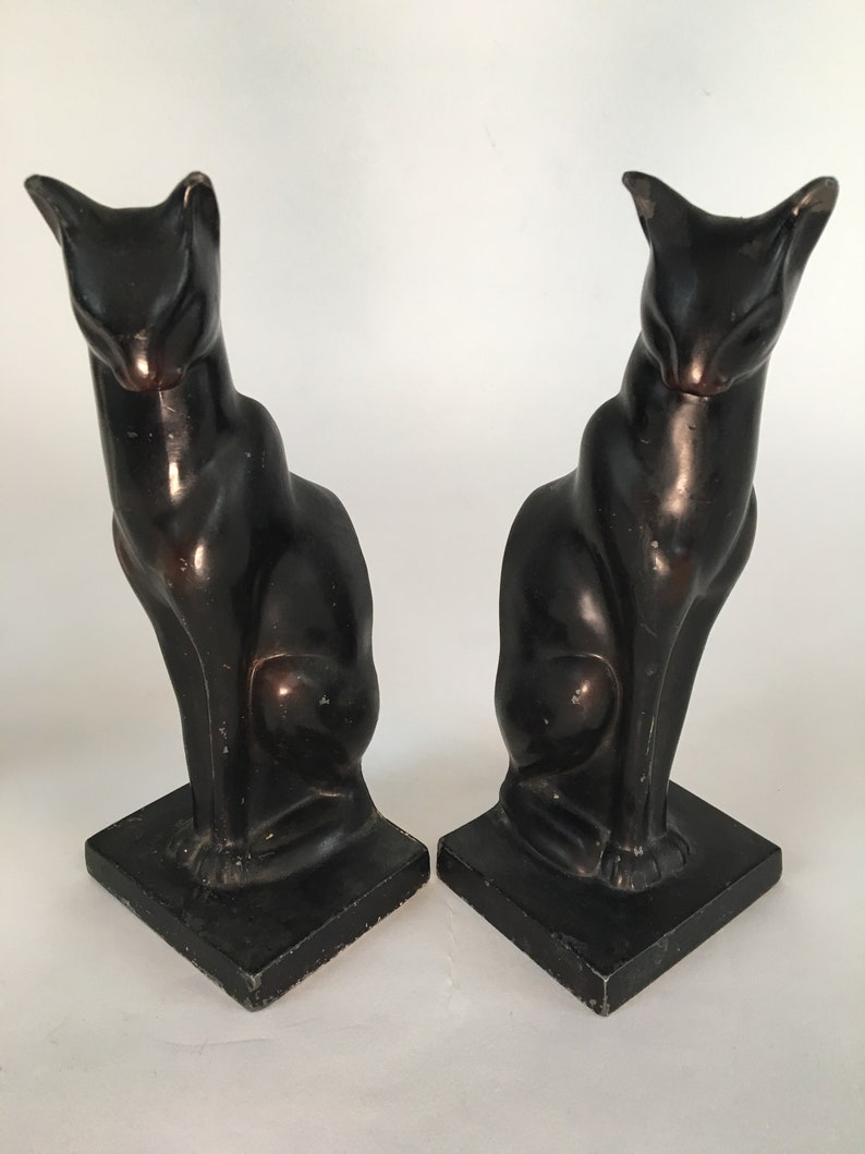 Fabulous Frankart Patinated Metal Art Deco Sitting Cat Bookends Not Flawless