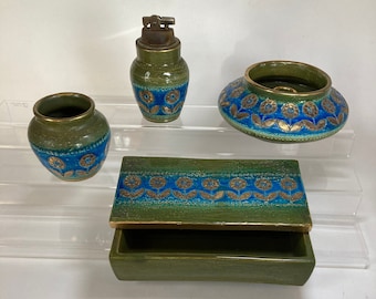 Extremely Rare Iconic MCM Thai Silk Cigarette Box, Lighter, Bud Vase, and Candle Holder by Aldo Londi for Bitossi