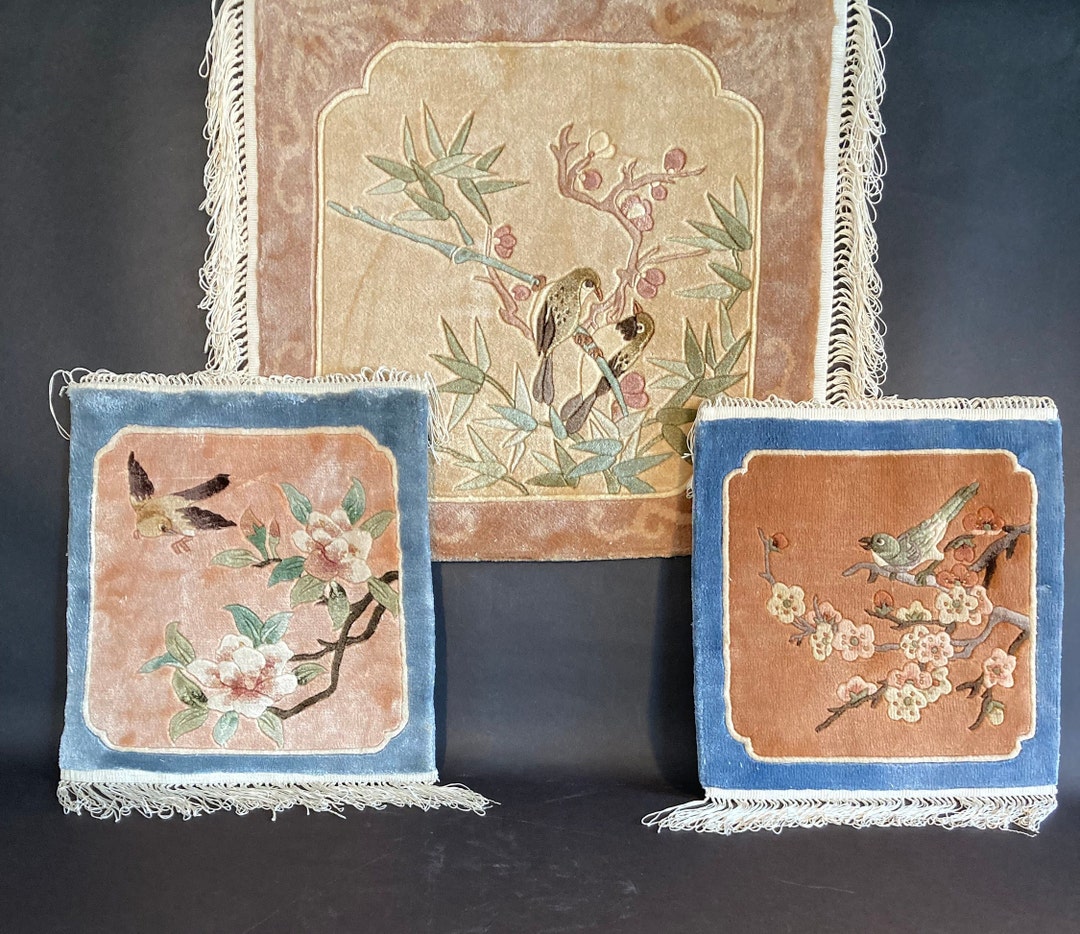 Set of 3 Vintage Flawless Chinese Handwoven Silk Rugs With Bird and