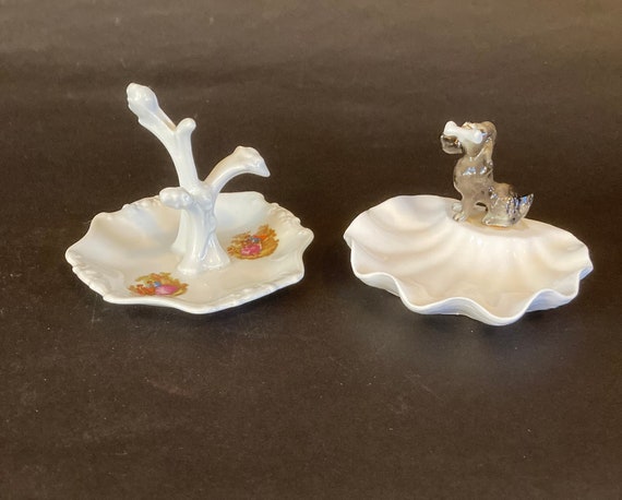 Two Vintage Porcelain Ring Dishes Poodle and Tree