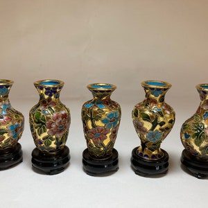 Set of 5 Super Miniature Vintage Chinese Cloisonné Bud Vases