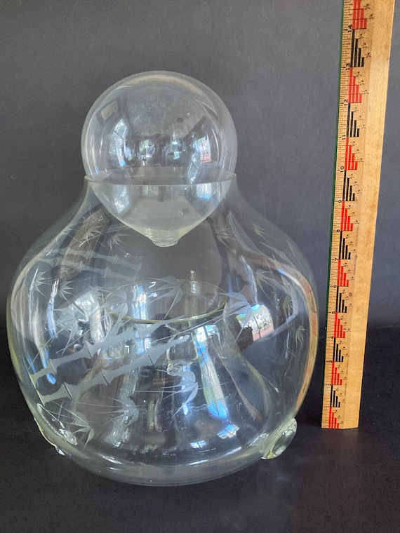 Very Large Remarkable and Rare Etched Glass Vintage Asian Fly Trap