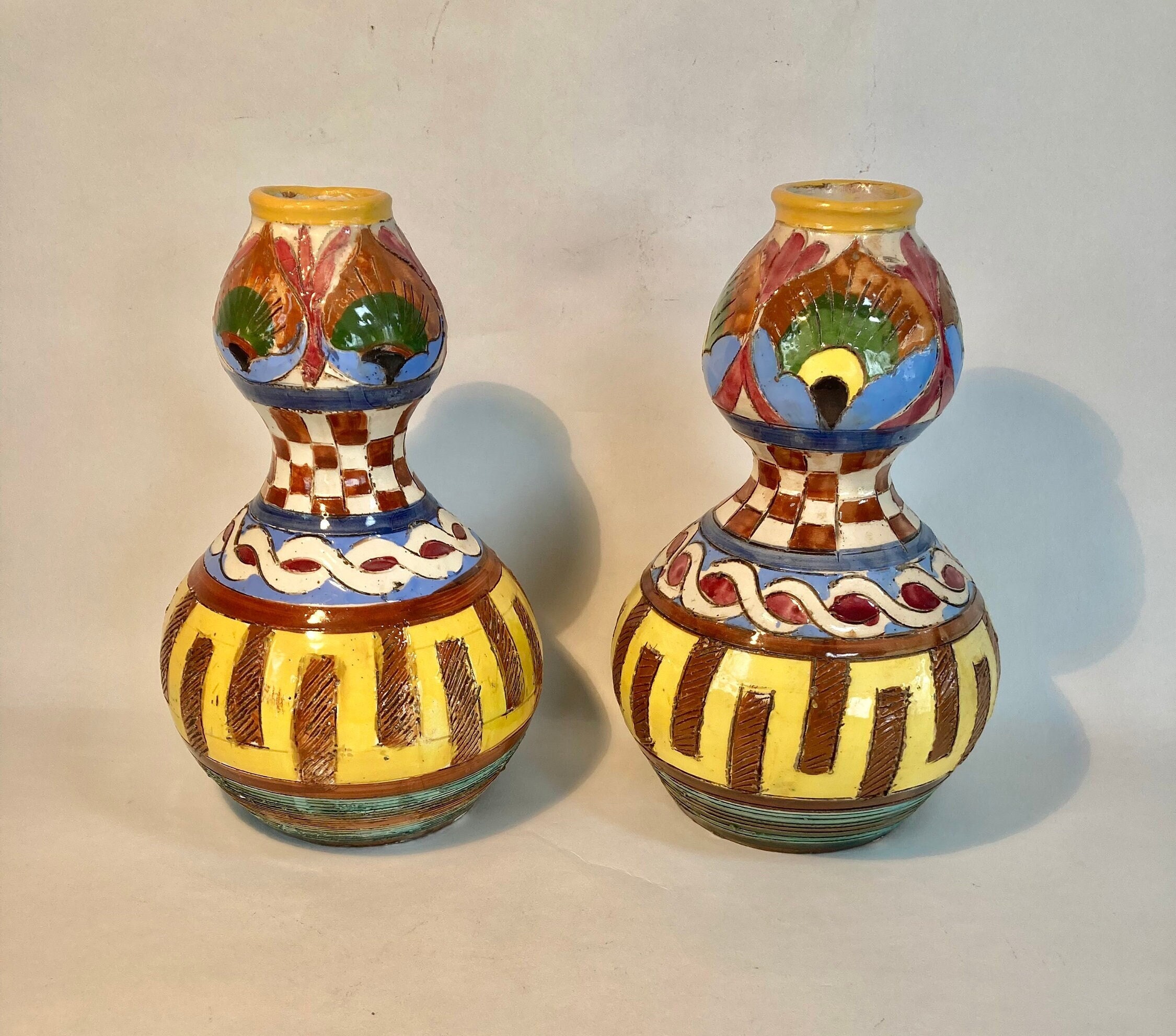 Extremely Rare Pair Signed Mid-century Italian Majolica Sgraffito
