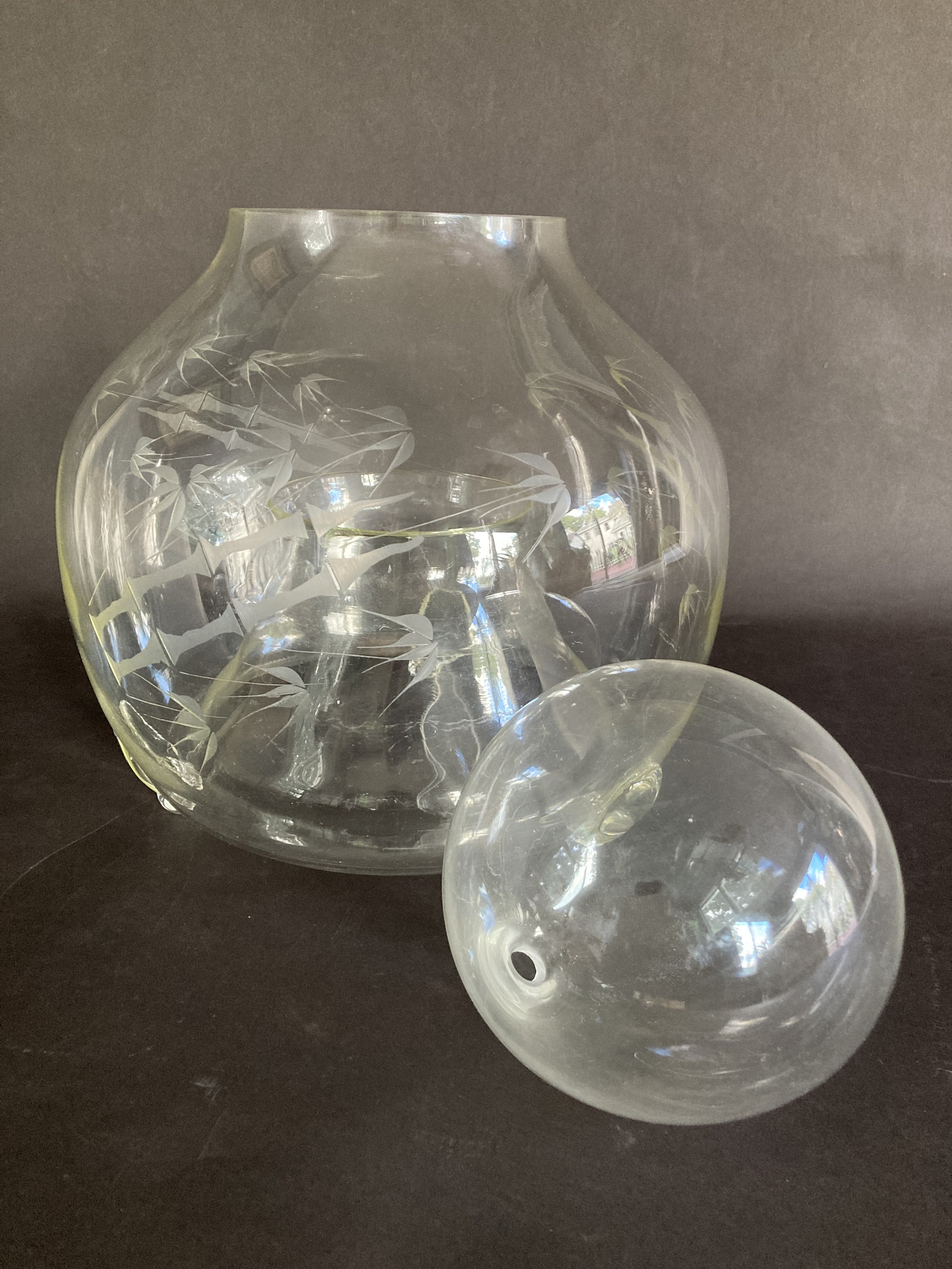 Very Large Remarkable and Rare Etched Glass Vintage Asian Fly Trap