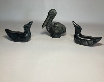 Three Vintage Herb Faucher Signed Inuit Soapstone Bird Sculptures