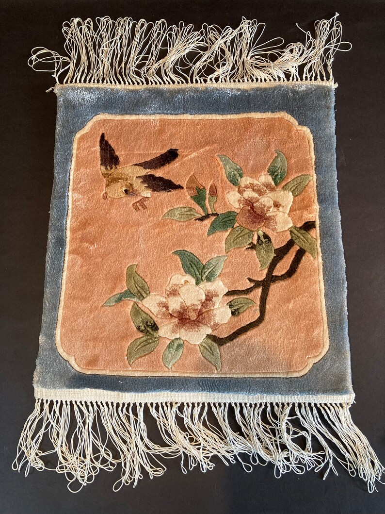 Chinese Hand Rags Set of 3 Vintage Flawless Chinese Hand-woven Silk Rugs With Bird and ...