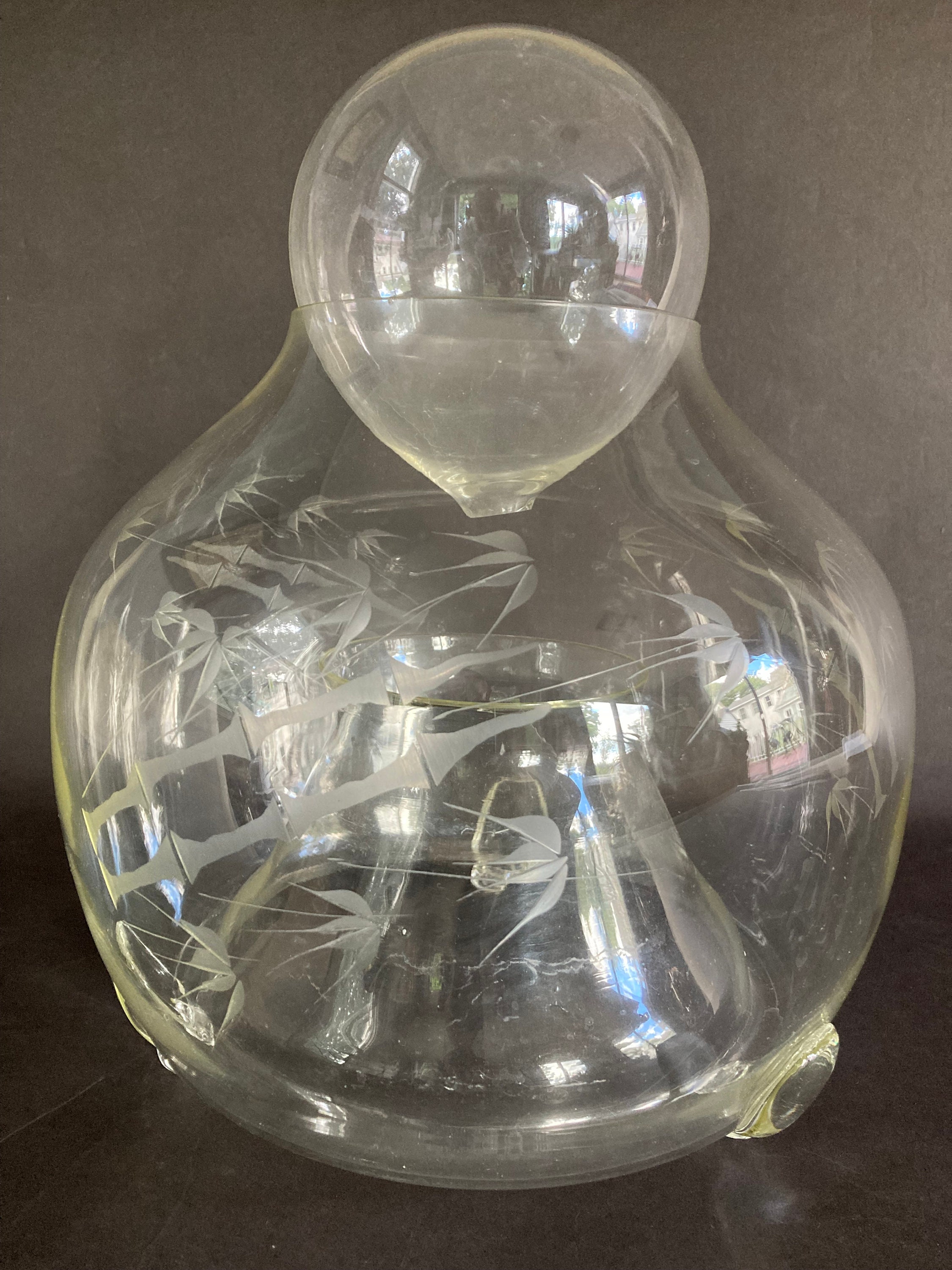 Very Large Remarkable and Rare Etched Glass Vintage Asian Fly Trap