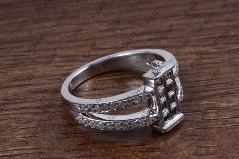 BlueWhite Princess Cut Fancy Ring,925 Sterling Silver Ring,Cubic Zirconia Studded Rectangular Shape Ring,CZ Studded Shank Ring,Women/'s Ring