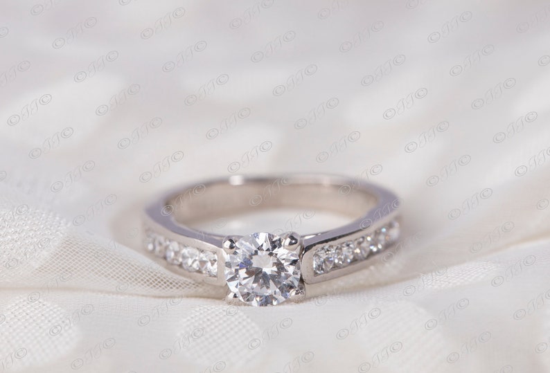 925 Sterling Silver Ring,Cubic Zirconia Studded Ring,Present for Her,Anniversary Gift . 1.01 Ct Solitaire Ring with Studded Shank