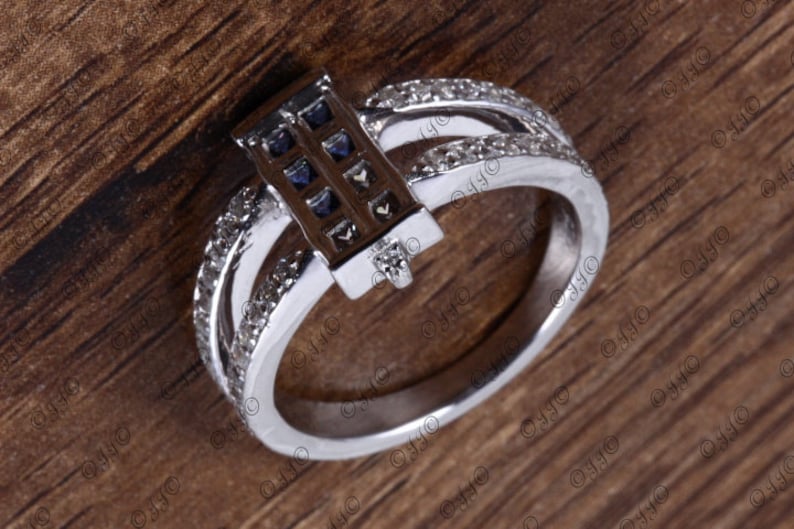 BlueWhite Princess Cut Fancy Ring,925 Sterling Silver Ring,Cubic Zirconia Studded Rectangular Shape Ring,CZ Studded Shank Ring,Women/'s Ring