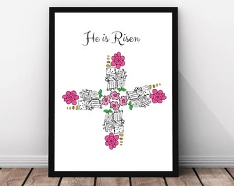 Karwoche Dekor, Blumenkreuz, christliche Wandkunst, er ist auferstanden, druckbare Kunst, Osterwanddekor, Blumenkreuz Digital, Auferstehung Kunst