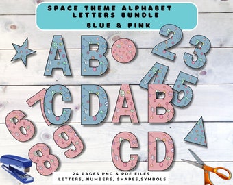 Space Bulletin Board Letters: Pink & Blue Alphabet (PDF, PNG)