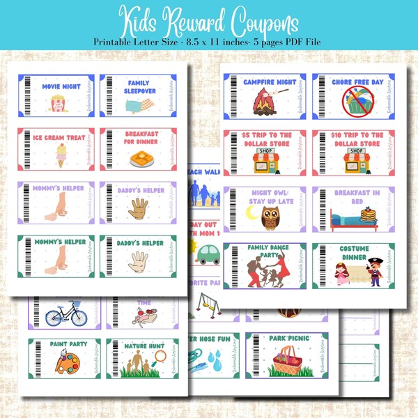 Kids Printable Reward Coupons, Kids Coupon Book, Downloadable, Parent, Kids Incentive Coupons, Behavior Modification Coupons, Kids Vouchers