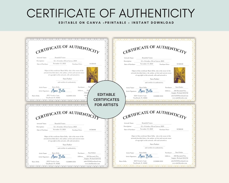 Artist Certificate of Authenticity Template: Editable CANVA File ...