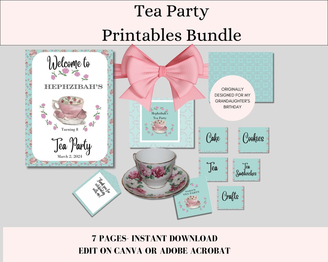Tea Party Printable Set, Vintage Tea Party Decor, Editable Signs, CANVA ...