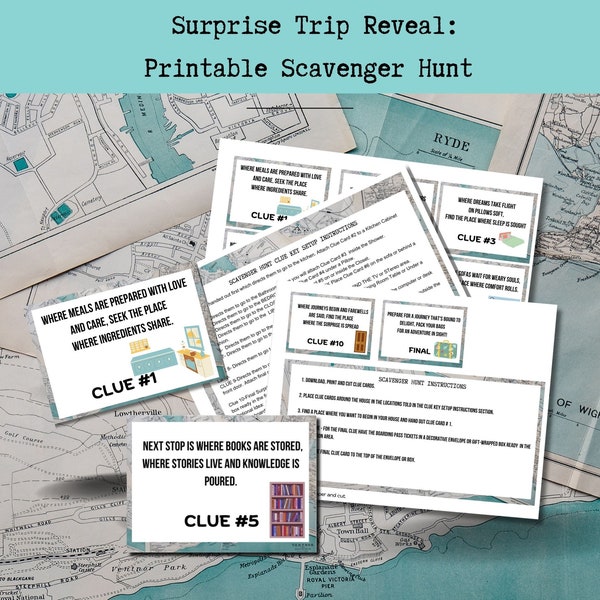 Surprise Trip Scavenger Hunt, Printable Scavenger Hunt Game, Vintage Theme , Surprise Trip Reveal, Anniversary, Graduation, Birthday Game