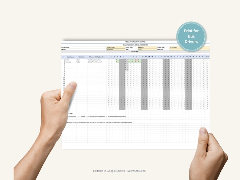 School Bus Attendance Roster, Transportation Attendance Spreadsheet ...