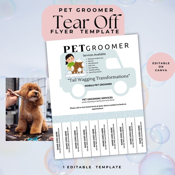 Pet Grooming Flyer, Pet Grooming Tear Off Flyer, Canva Template, Dog Groomers, Dog Grooming, Mobile Pet Service, Dog Flyers, Printables