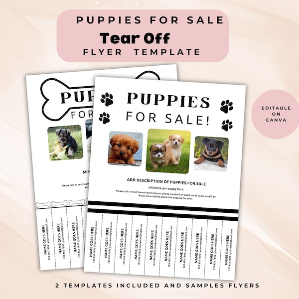 Puppies for Sale Flyer, Pet Tear Off Flyer, Canva Template, Dog Breeders, Pet for Sale, Doggie Flyer, Dog Flyers, New Pet Owner, Printables