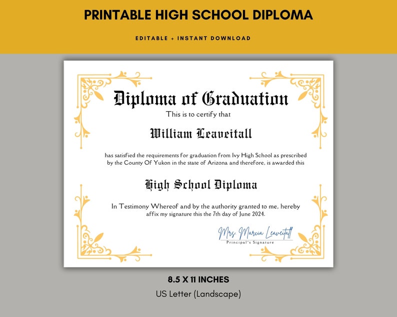 High School Diploma Printable, Canva Template, Editable Diplomas ...