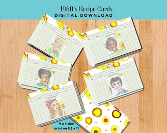 1960s Recipe Cards, Printable Illustrated Women Designs (Digital Download)