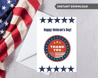 May include: A white card with the text "Happy Veteran's Day!" and a "Thank You" seal featuring the American flag. The card is surrounded by blue stars and an American flag.