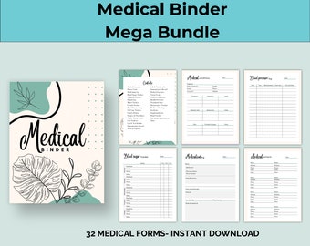 May include: A medical binder mega bundle with 32 forms, including medical conditions, blood pressure log, and medication log. The binder cover features the text "Medical Binder" with a botanical design in black and teal. The text "32 Medical Forms - Instant Download" is also included.