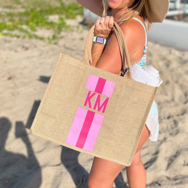 Striped Shadow Monogram Jute Tote Carryall Bag