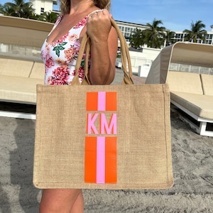 Striped Shadow Monogram Jute Tote Carryall Bag