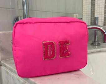 Cosmetic Bag Lg with Chenille Letter Patches - Cosmetic Bag - Nylon Bag - Make Up Bag - Brides Bag - Travel Toiletry bag - Bachelorette