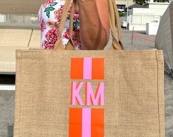 Jute Tote Carryall Bag - Striped Shadow Monogram Bag - Jute Tote, Personalized Bag - Custom Bag - Shopping Bag