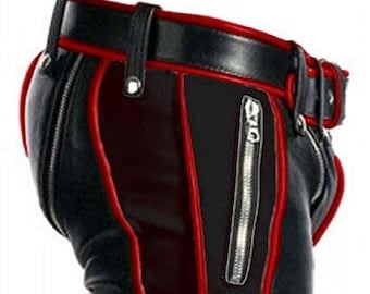 Mens Leather Bondage Pants  Heavy Duty BDSM Black and Red Jeans BLUF Men Pant Trouser