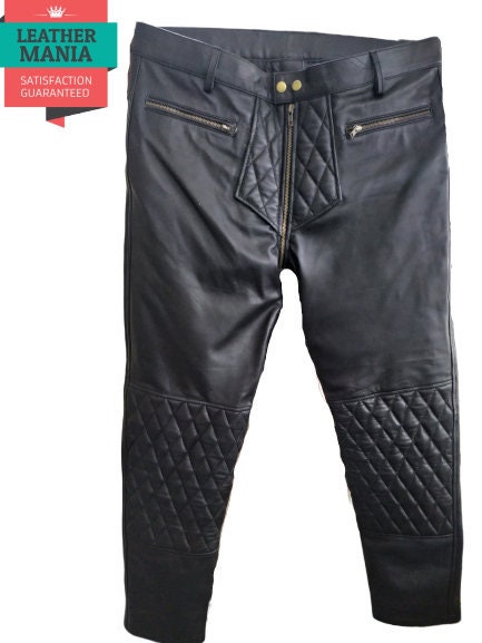 Image of Genuine Sheep/Lambskin Quilted Leather Pants For Men Pure Hand Made Pant With Zipper