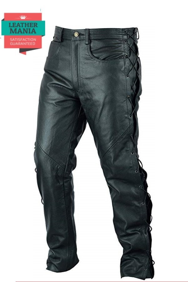 Image of Mens Handmade Real Black Cowhide Leather Bikers Pant With Side Laced New Stylish Design For Motorcycle's Trouser