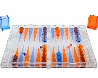 Conjunto de gamão acrílico embutido – transparente, azul e laranja - grande