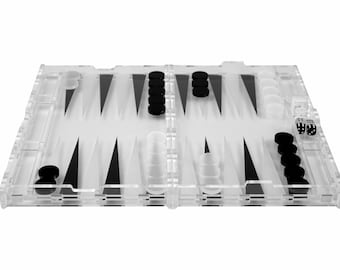 Conjunto de Backgammon em acrílico incrustado – transparente, preto e esfumaçado - médio