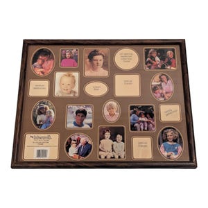 May include: A brown wooden collage frame with various photo openings. The frame includes the text "20 opening memories collection frame", "vacation memories", "school days", "special friends", and "family gatherings". The frame is by Intercraft.