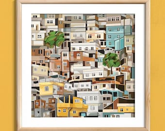 Estampado de Río / Pintura digital / Arte arquitectónico / Barrio marginal de Río de Janeiro / Arte vectorial / Dibujos animados / Ciudad / Arte mural de Brasil / Láminas