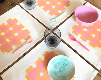 2 x Handmade placemat / hand printed / silkscreen / unique / pastel colours / pattern design