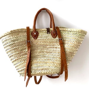 Ibiza Strandtasche groß aus Palmfasern mit Lederhenkeln und Lederschnallen Picknickkorb Rucksack von cano-flow