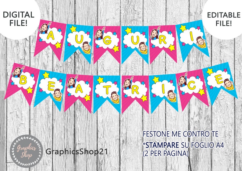 ME CONTRO TE Bandierine Festone personalizzato Digital Happy Birthday flag banner Compleanno Personalizzate stampabile download immagine 1