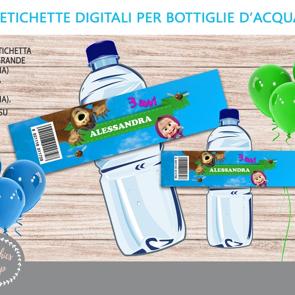 MASHA E ORSO - Etichette digitali per bottiglie d'acqua, Festa di compleanno a tema, Allestimento Etichetta Stampabile da scaricare