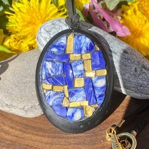 Blue and gold mosaic pendant