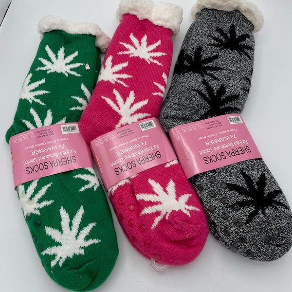 Plush Sherpa Socks with Marijuana Leaf Green, Pink, Black Assortment of 3