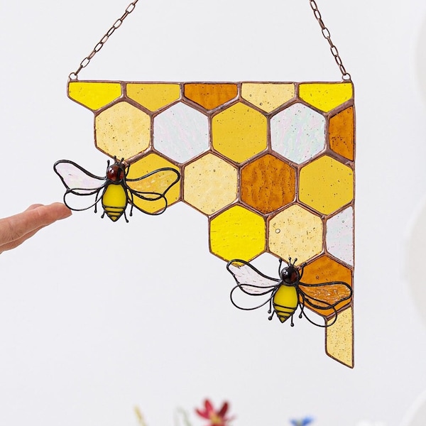 Yellow Corner Honeycomb Bee Suncatcher, Stained Glass Home House Decor Window Wall Decoration Boho Nature Art Picture, Mother's Day gift