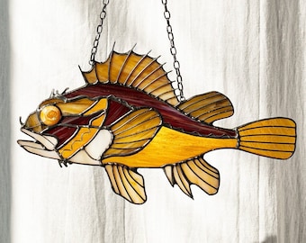 Brown sea bass Suncatcher Stained Glass Window Wall Hangings Fish, Decor Home House Father's Gift House, creepy sun catcher